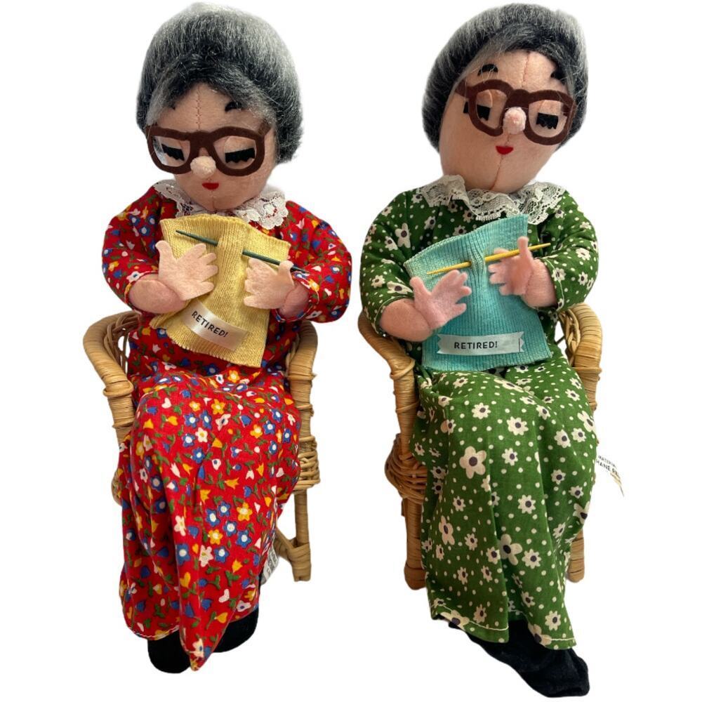 Vintage Stuart Old Lady Set of 2 Dolls Knitting On The Chair